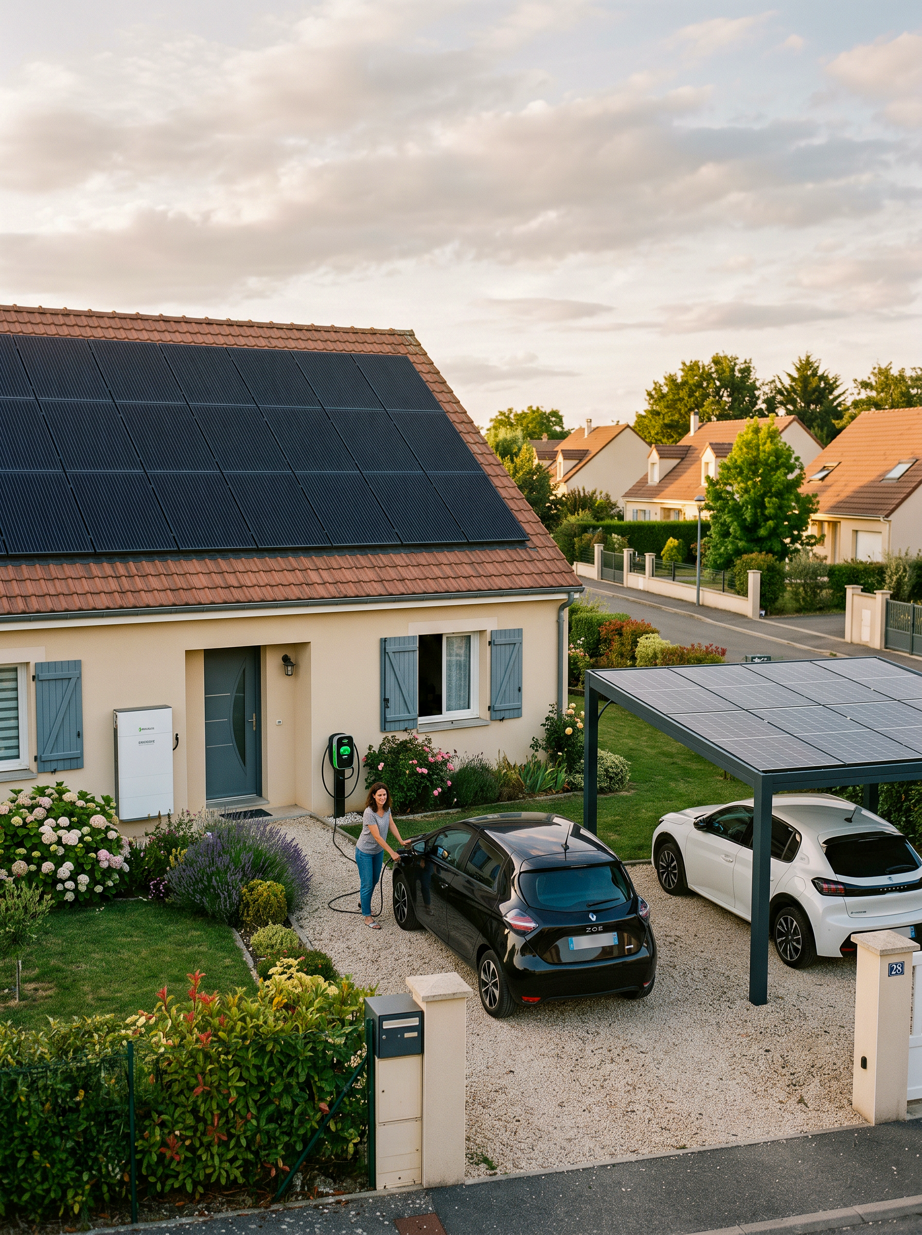 Écosystème solaire complet : panneaux photovoltaïques, batterie et borne de recharge sur une maison